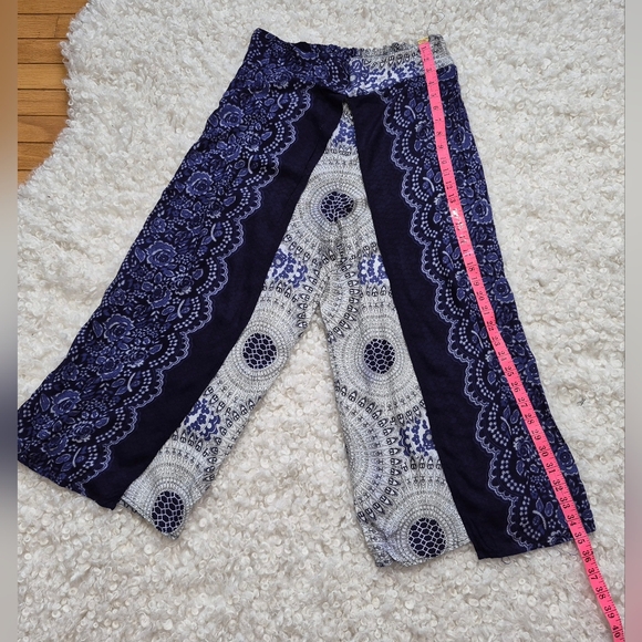 Boho Blue Palazzo Wide Leg Pants Mandala Lace Print O/S Beach Festival Beach - Picture 4 of 5